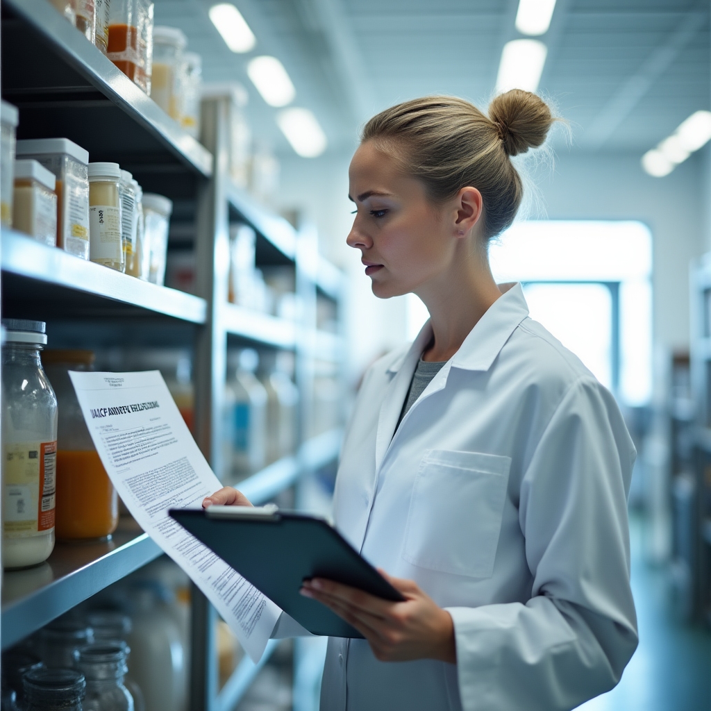 Tecnico in camice bianco che controlla etichette di prodotti alimentari con check-list igienico-sanitaria in mano