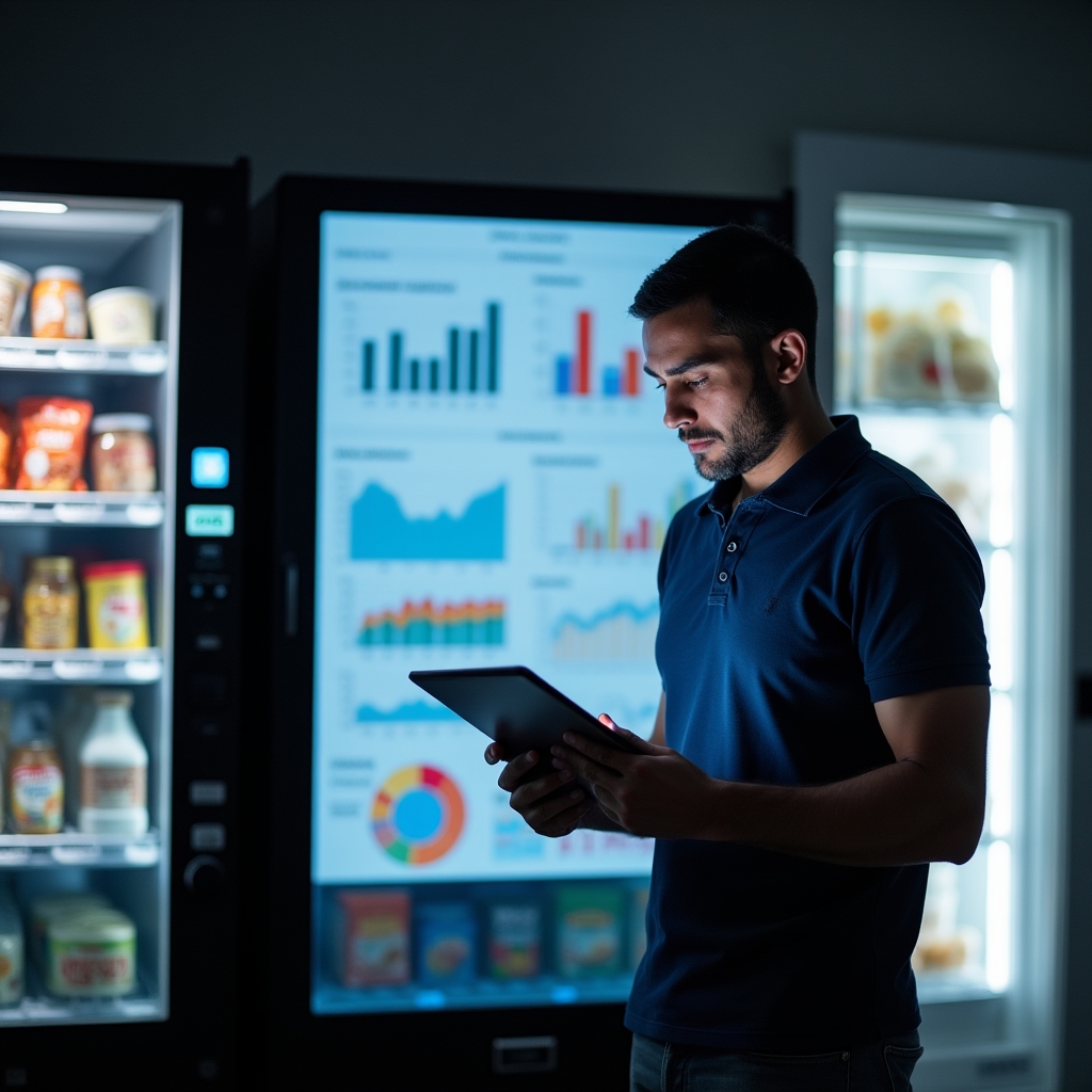 Professionista che analizza grafici su tablet in un ambiente luminoso con prodotti alimentari sullo sfondo