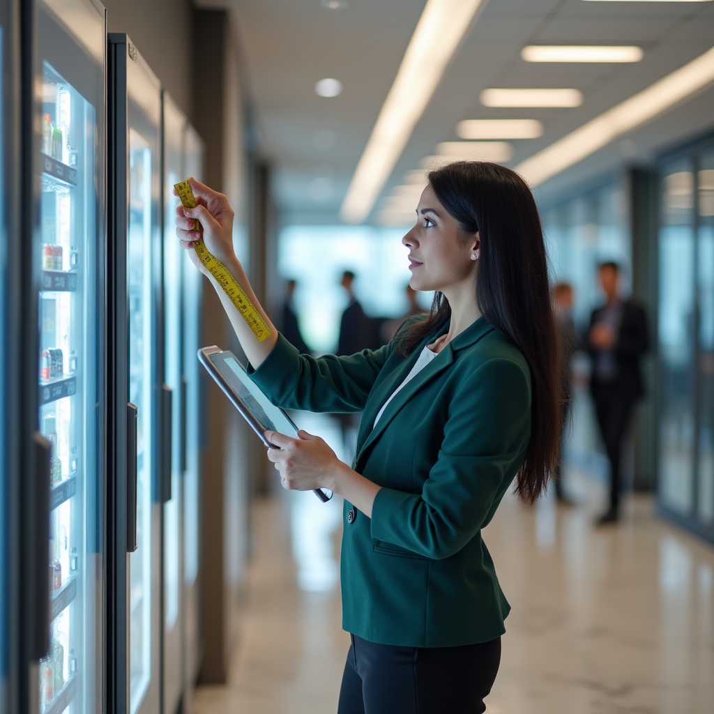 Consulente che analizza la posizione ideale per un distributore automatico in un corridoio commerciale