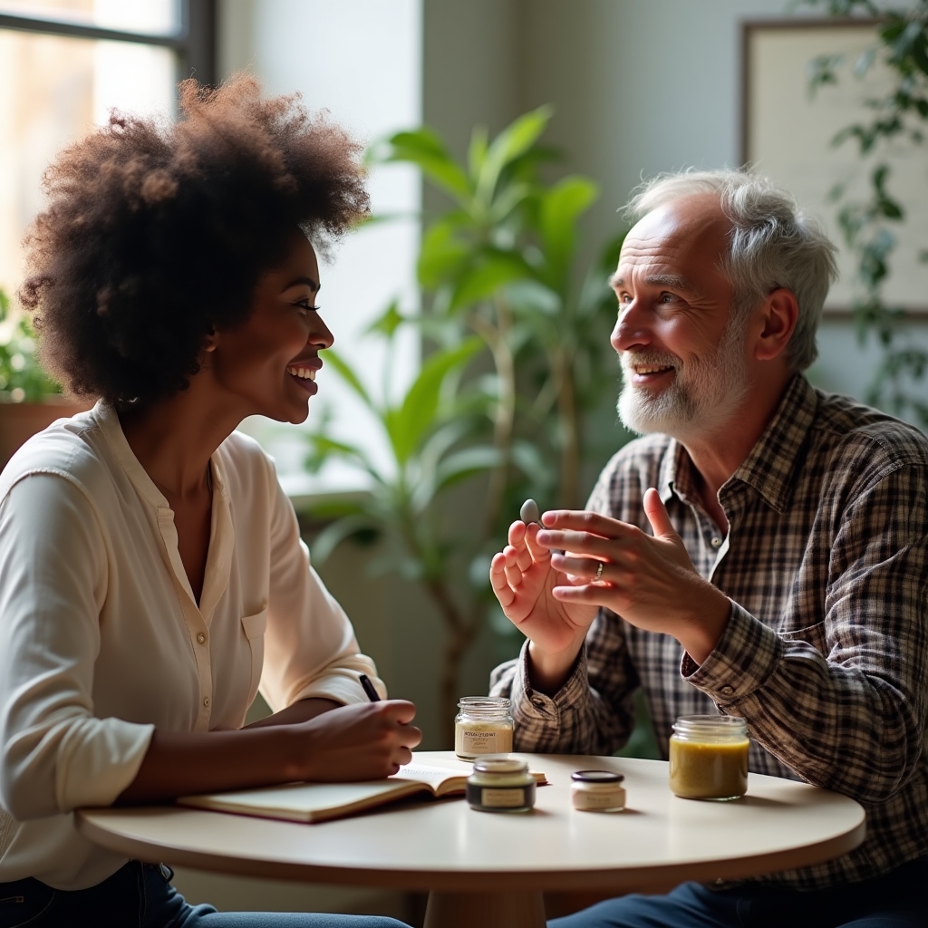 Consulente che prende appunti durante un colloquio con un produttore agroalimentare in una piccola azienda agricola