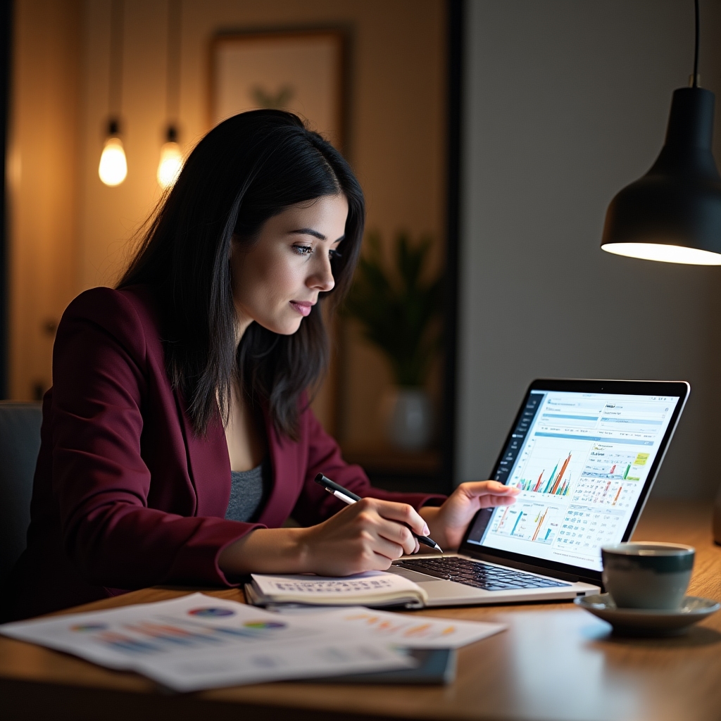 Schermo di laptop con foglio di calcolo finanziario aperto, mani che digitano, ambiente professionale con luce calda