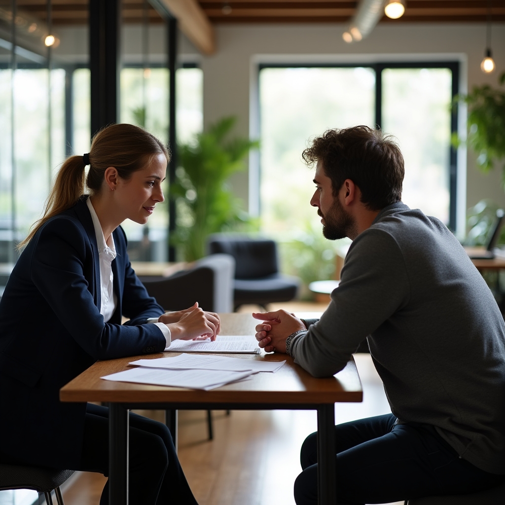 Consulente che analizza documenti con un produttore agroalimentare locale in un ambiente luminoso