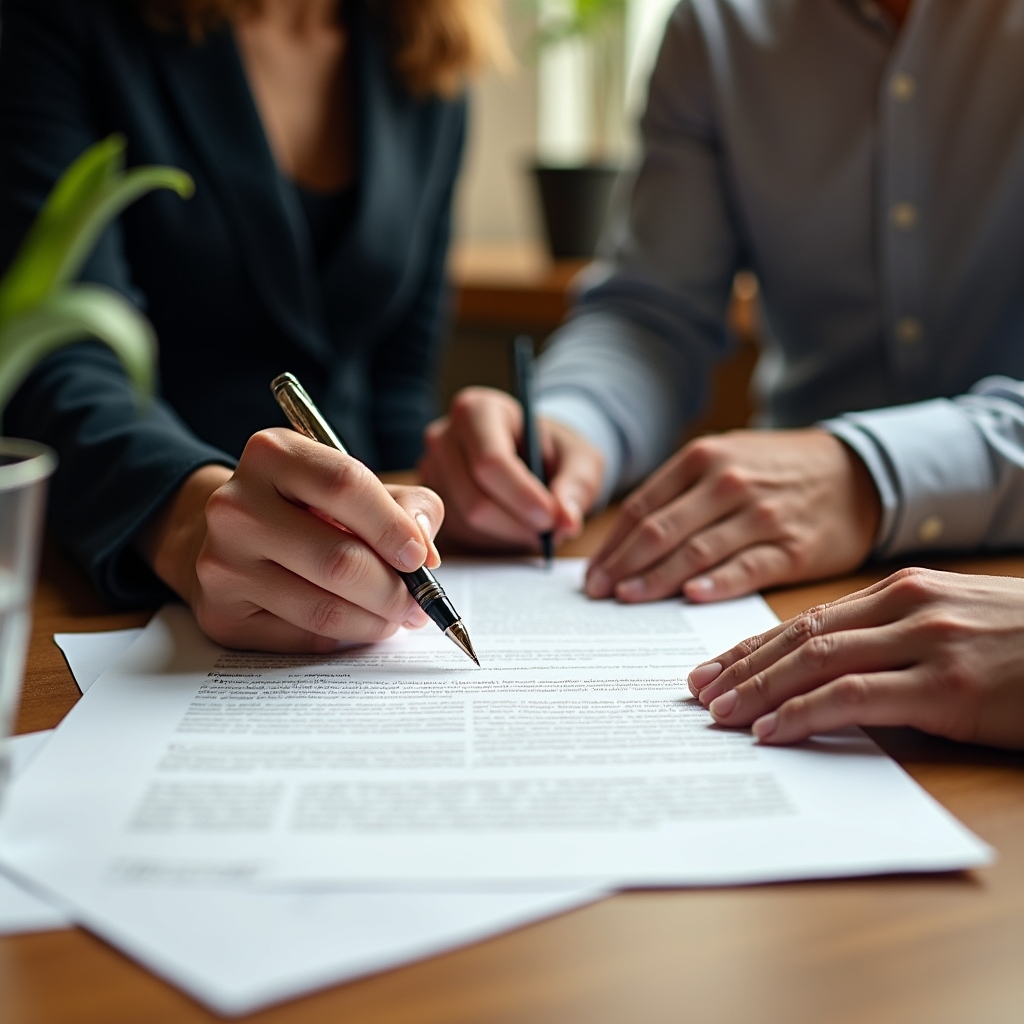 Mani che firmano un contratto commerciale su una scrivania con documenti e penna stilografica, luce naturale da finestra