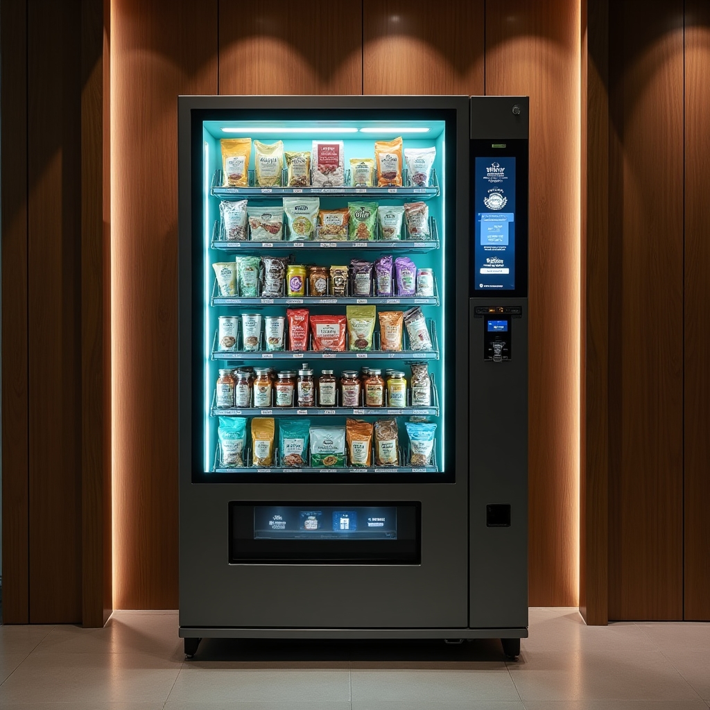 Distributore automatico moderno con prodotti alimentari artigianali visibili attraverso il vetro, illuminazione interna LED