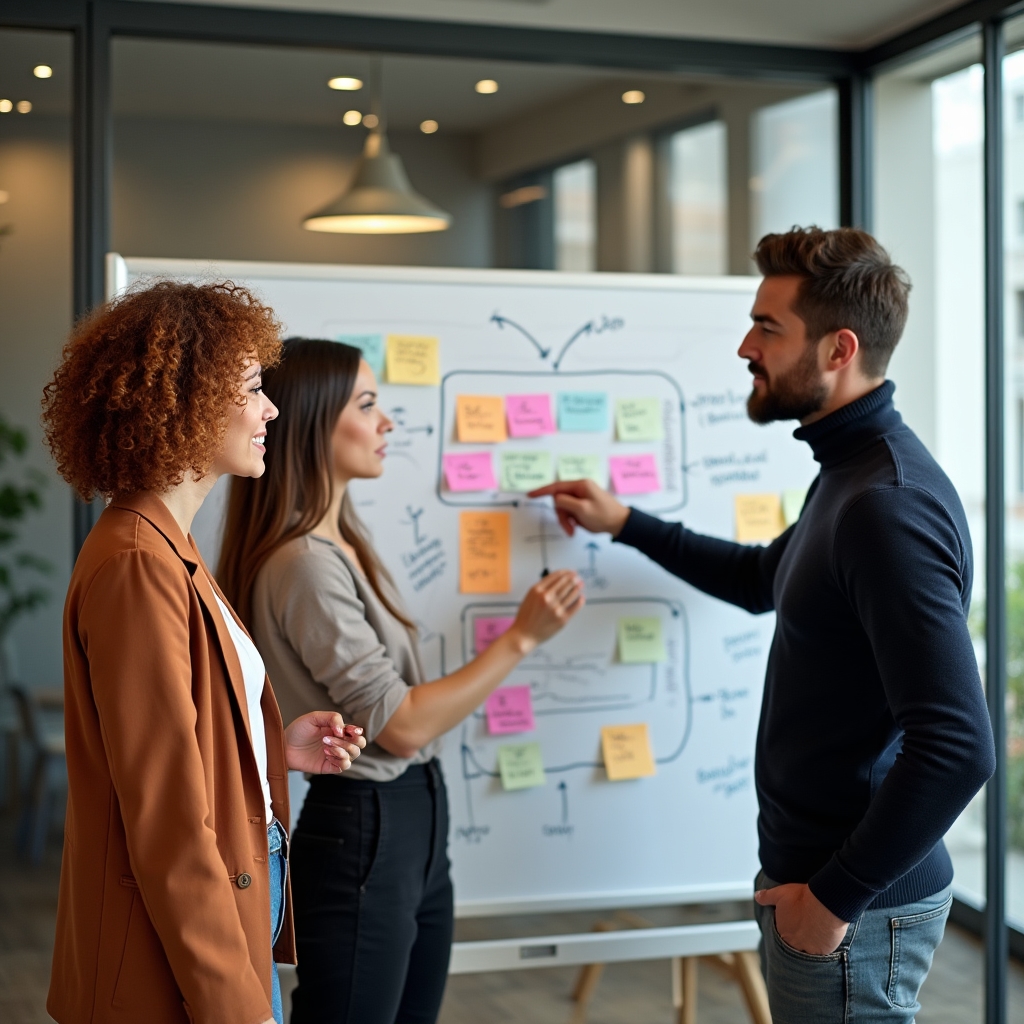 Team di consulenti che pianifica su una lavagna il processo di distribuzione automatica per prodotti locali