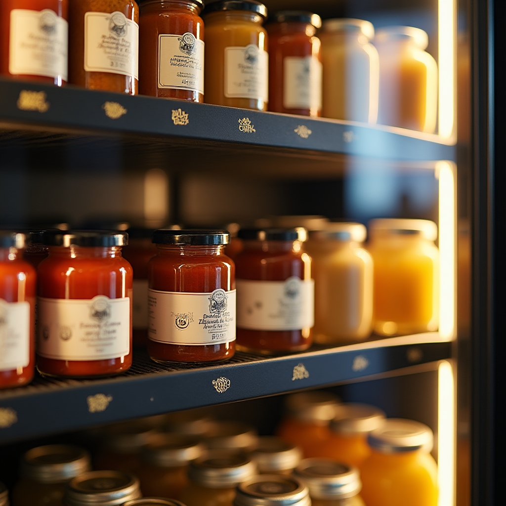 Prodotti alimentari artigianali campani ben disposti all'interno di un distributore automatico illuminato