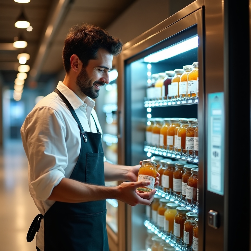 Produttore agroalimentare che carica un distributore automatico con prodotti locali