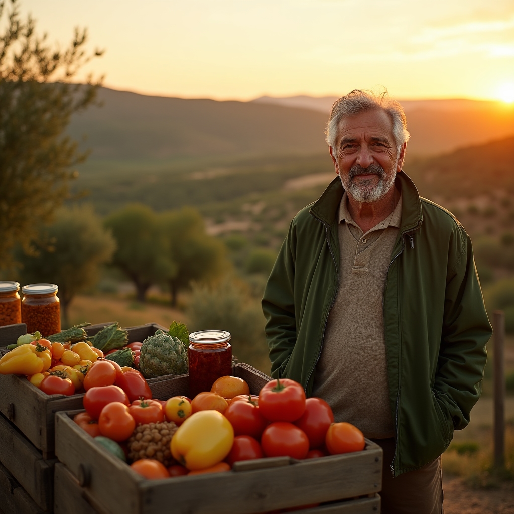 Vista di una piccola azienda agricola campana con prodotti tipici in primo piano e campi sullo sfondo al tramonto