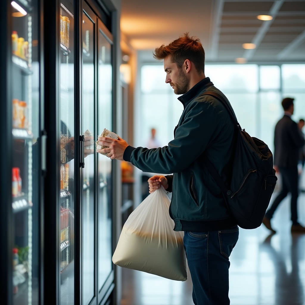 Produttore che rifornisce un distributore automatico con prodotti alimentari confezionati, ambiente commerciale moderno