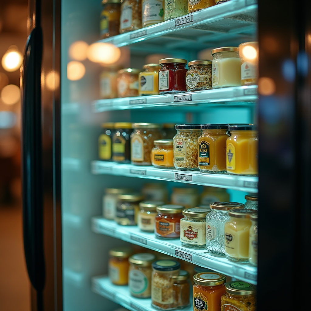 Dettaglio interno di un distributore automatico con prodotti agroalimentari confezionati